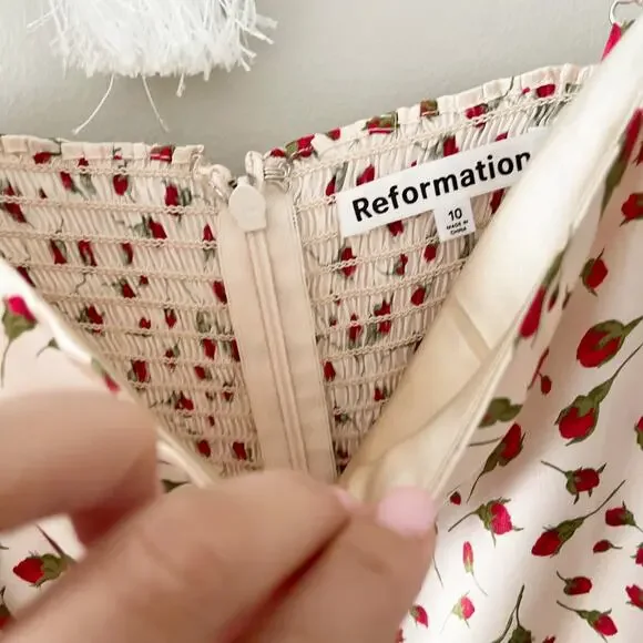 NEW Reformation Kosta Marion Dress Silk Smocked Floral Bud Ivory Size 8 - Picture 7 of 7